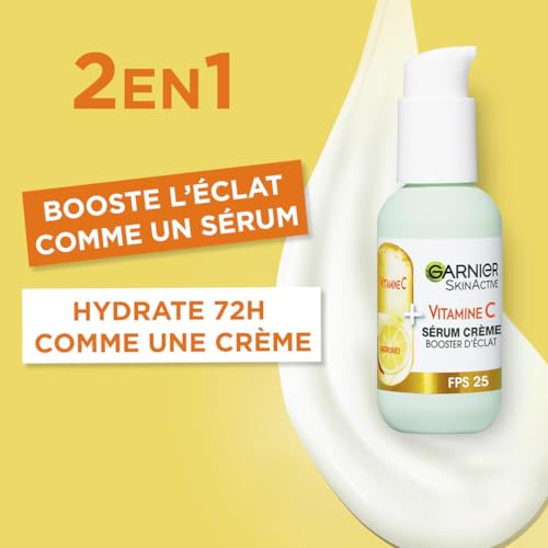 GARNIER Sérum Crème Booster D'Éclat 2-En-1 - Hydratation 72h & FPS 25 - Vitamine C & Agrumes - Vegan & Cruelty Free - Po