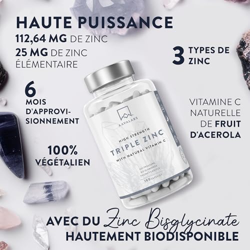 Zinc 25mg + Vitamine C Haute Puissance pour Hommes et Femmes - Formule Spectre Complexe - 180 Capissent