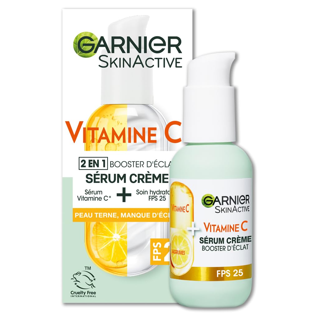 GARNIER Sérum Crème Booster D'Éclat 2-En-1 - Hydratation 72h & FPS 25 - Vitamine C & Agrumes - Vegan & Cruelty Free - Po